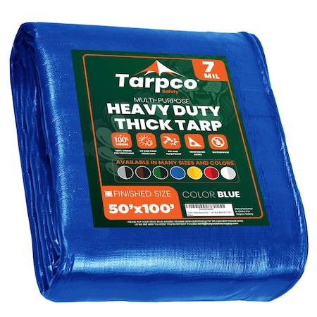 Tarpco Safety Heavy Duty Tarp, 100 ft L x 0.5 mm H x 50 ft W, 7 Mil, Blue, Polyethylene TS-205-50X100